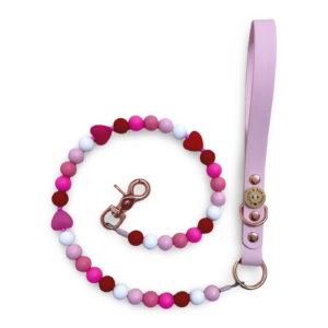 Handmade Valentine Beaded Hearts Dog Leash - Vegan Leather - Baby Pink