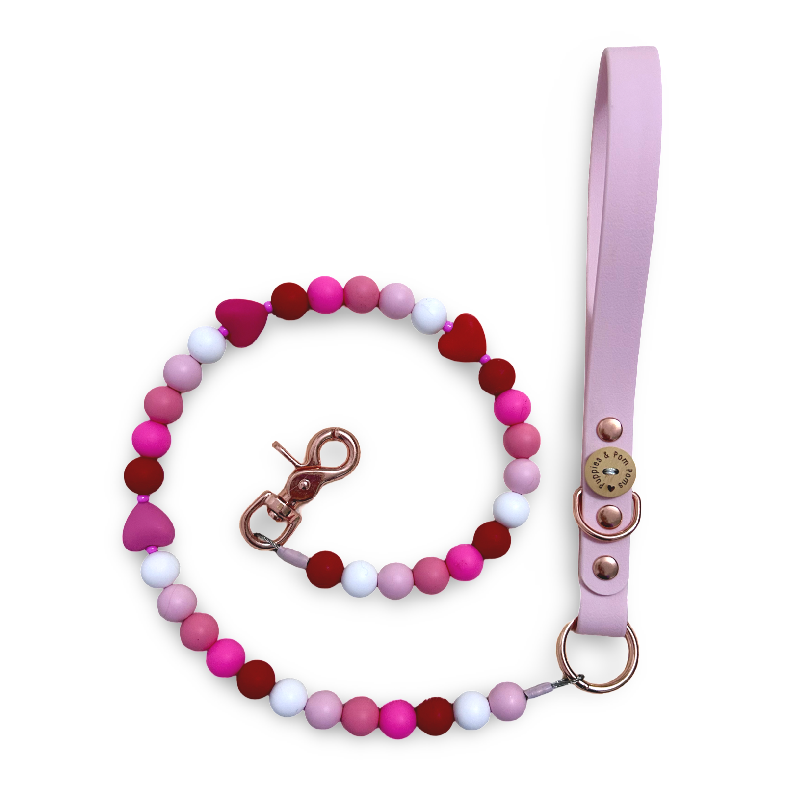 Handmade Valentine Beaded Hearts Dog Leash - Vegan Leather - Baby Pink