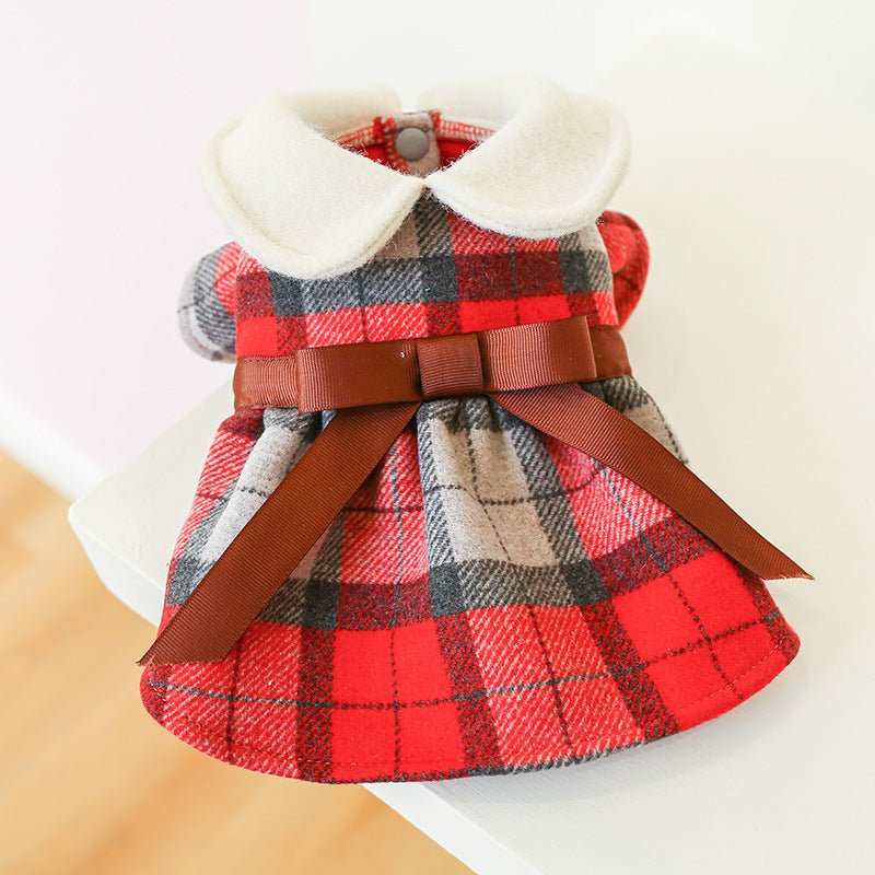 Brown Bow Red Plaid Elegant Dress Beautiful Princess Dress for Pets Party Wear